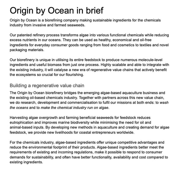 Company brief detailing the mission and process of Origin by Ocean.