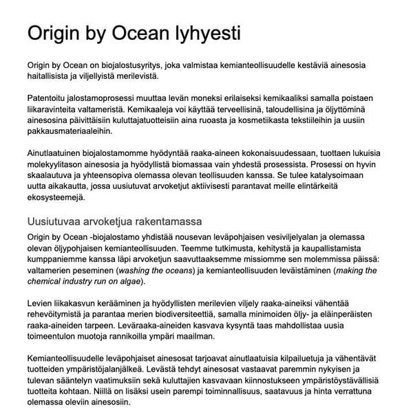 Company brief in Finnish, summarizing the mission and process of Origin by Ocean.